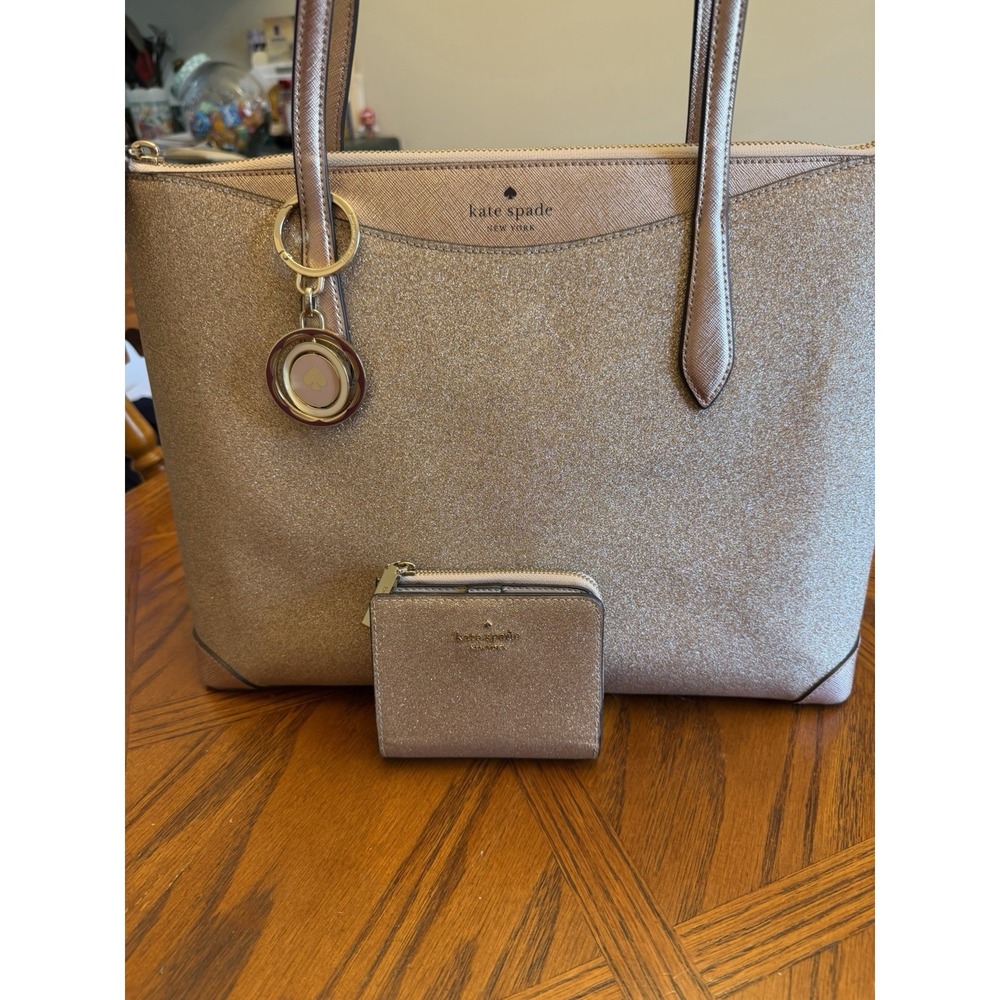 Kate Spade Shimmy Rose Gold Glitter Tote Shoulder Bag Leather Trim With Wallet